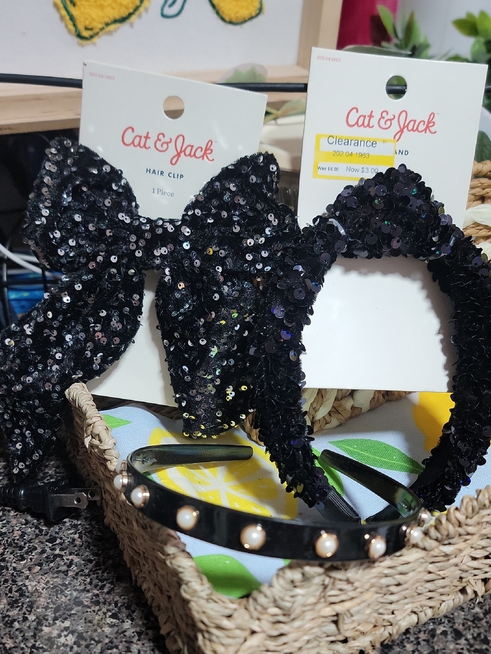Cat & Jack Black Sequin Headband, Studded Headband & Bow Hair Clip